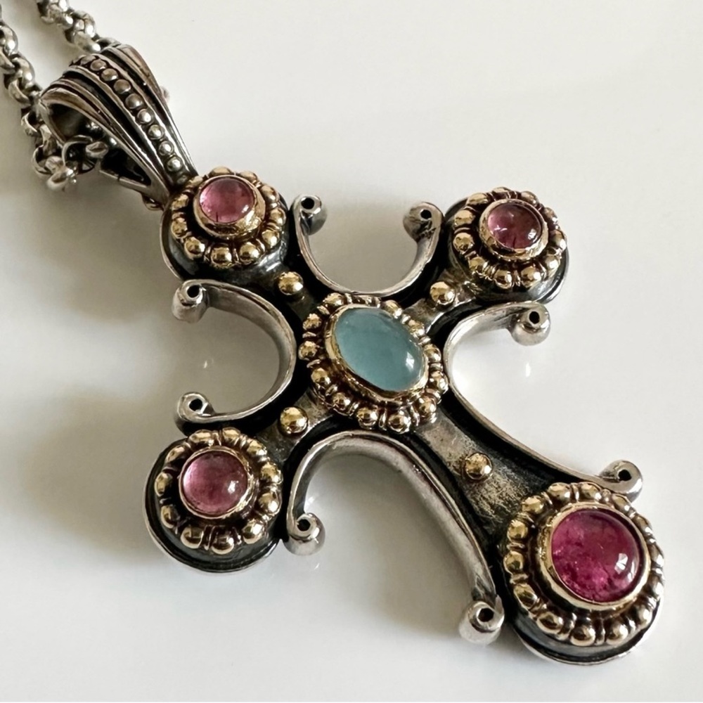 Konstantino Cross Pink Tourmaline and Aquamarine Gems - Picture 8 of 11